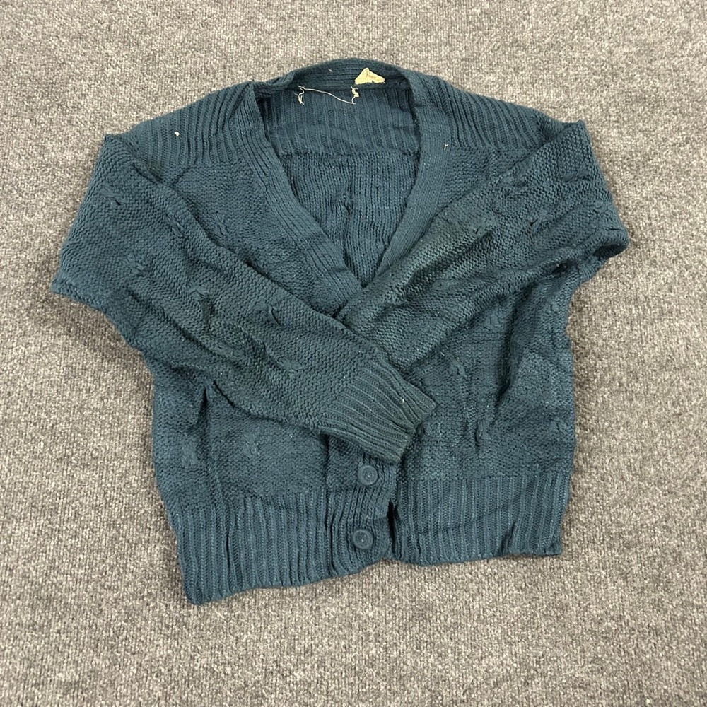 Vintage Cardigan Womens Size M Teal Blue Cable Knit Button Front Casual Sweater